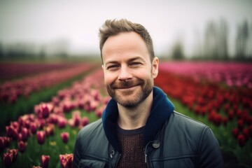 Naklejka na ściany i meble Studio portrait photography of a grinning man in his 30s wearing a cozy sweater against a flower field or tulip field background. Generative AI