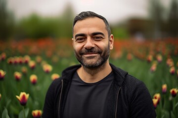 Naklejka na ściany i meble Medium shot portrait photography of a pleased man in his 30s wearing a casual t-shirt against a flower field or tulip field background. Generative AI