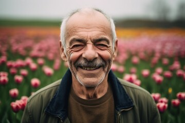 Portrait of an elderly man in a field of tulips.