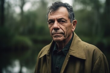 Portrait of an elderly man in a raincoat on the river bank.