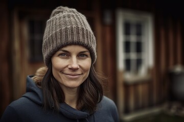 Portrait of a woman in a hat and coat on a background of a wooden house