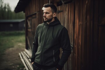 Fototapeta na wymiar Medium shot portrait photography of a satisfied man in his 30s wearing a comfortable tracksuit against a rustic barn or farm background. Generative AI
