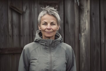 Fototapeta premium Portrait of a middle-aged woman on a wooden background.