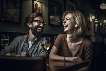 Man and woman laughing at dinner in a restaurant Generative ai