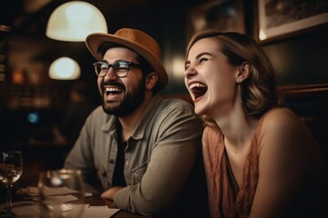 Man and woman laughing at dinner in a restaurant Generative ai