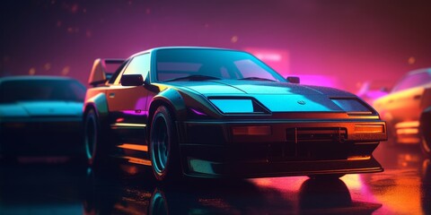 Obraz na płótnie Canvas Car in style synthwave with neon-colored lights in a retro-futuristic or 80s aesthetic. Generative AI
