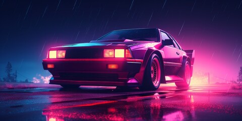Plakat Car in style synthwave with neon-colored lights in a retro-futuristic or 80s aesthetic. Generative AI