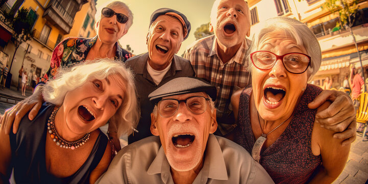 A group of funny excited older people standing next to each other. AI generative image