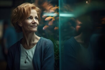 Portrait of a senior woman looking at the fish tank in the aquarium