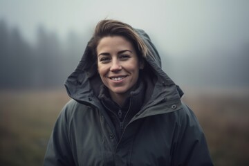 Lifestyle portrait photography of a cheerful woman in her 30s wearing a warm parka against a foggy or misty landscape background. Generative AI