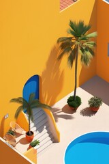 Beautiful coastal blue beach pool house illustration made with Generative AI 