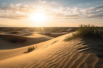 Naklejka na ściany i meble waves of sand dunes, with the sun setting in the background, created with generative ai