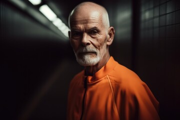 Obraz premium Portrait of an old man in an orange jacket in the jail