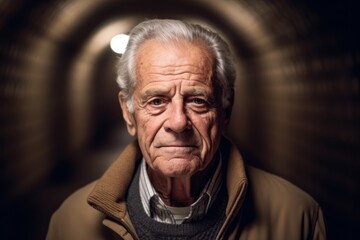 Portrait of an old man in a tunnel. Looking at camera.