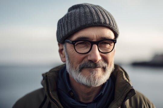 Portrait of senior man with grey beard wearing hat and glasses.