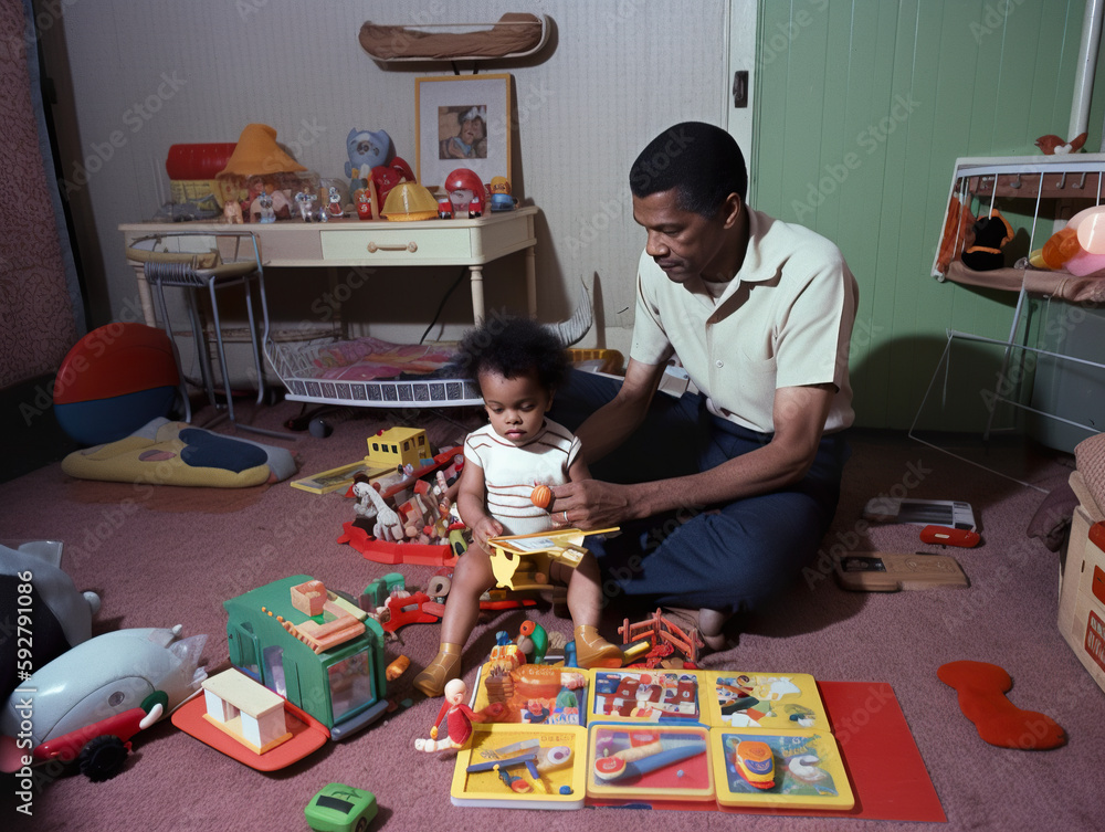 Poster a man playing with a child in a room full of toys. ai generative image