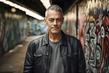 Lifestyle portrait photography of a tender man in his 50s wearing a denim jacket against a graffiti tunnel or underpass background. Generative AI