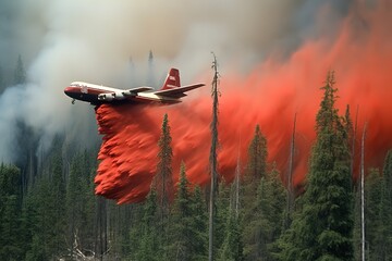 A giant firefighting air tanker plane flying low and releasing a massive deluge of fire retardant chemicals onto the burning forest. Generative AI.