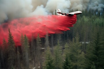 A giant firefighting air tanker plane flying low and releasing a massive deluge of fire retardant chemicals onto the burning forest. Generative AI. - obrazy, fototapety, plakaty