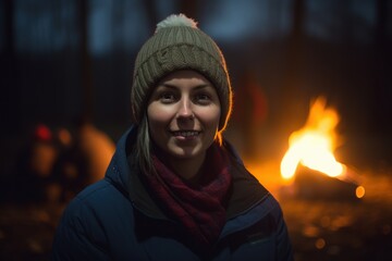 Portrait of young woman standing near bonfire in forest at night