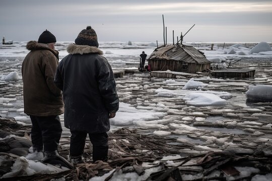 Melting Inuit villagers stand on the shore of an Arctic village, watching with sadness as their historic homes crack, floating away on the sea. They are refugees of climate change. Generative AI