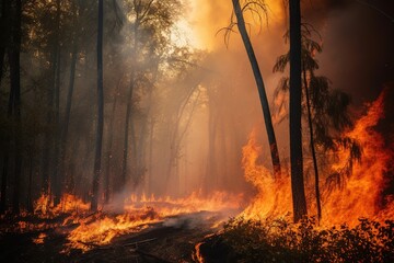 Fototapeta premium A dense forest on fire, thick black smoke billowing up into the orange sky. Flames licking at the remaining tree trunks. The fire rages out of control. Generative AI