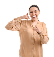 Happy young woman showing 