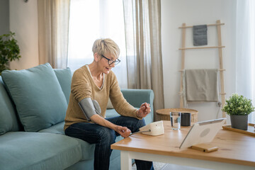 Senior caucasian woman check blood pressure measure device on hand