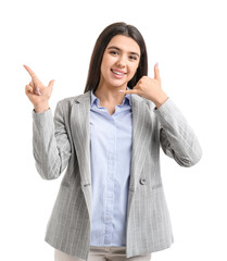 Happy young woman showing 