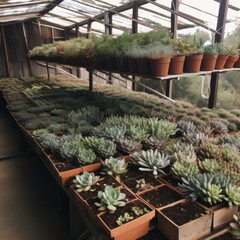 Farming succulent plants in a greenhouse, beautiful greenery botanical wooden indoor hobby garden hothouse, small cactus aloe vera floral ecosystem, cultivation inside a conservatory, generative ai 