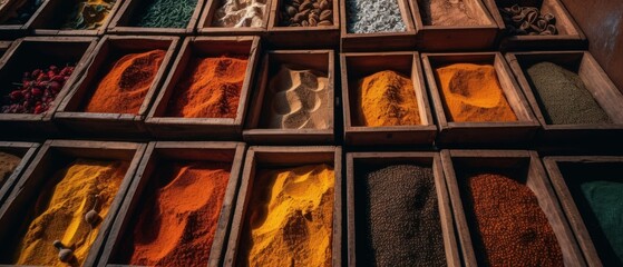 Wooden cages with spices. Generative AI