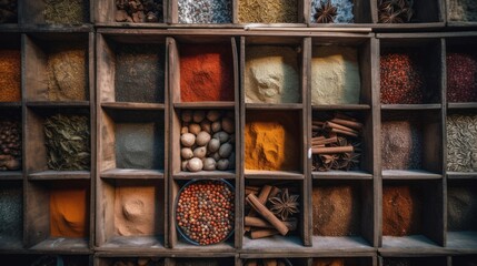 Wooden cages with spices. Generative AI
