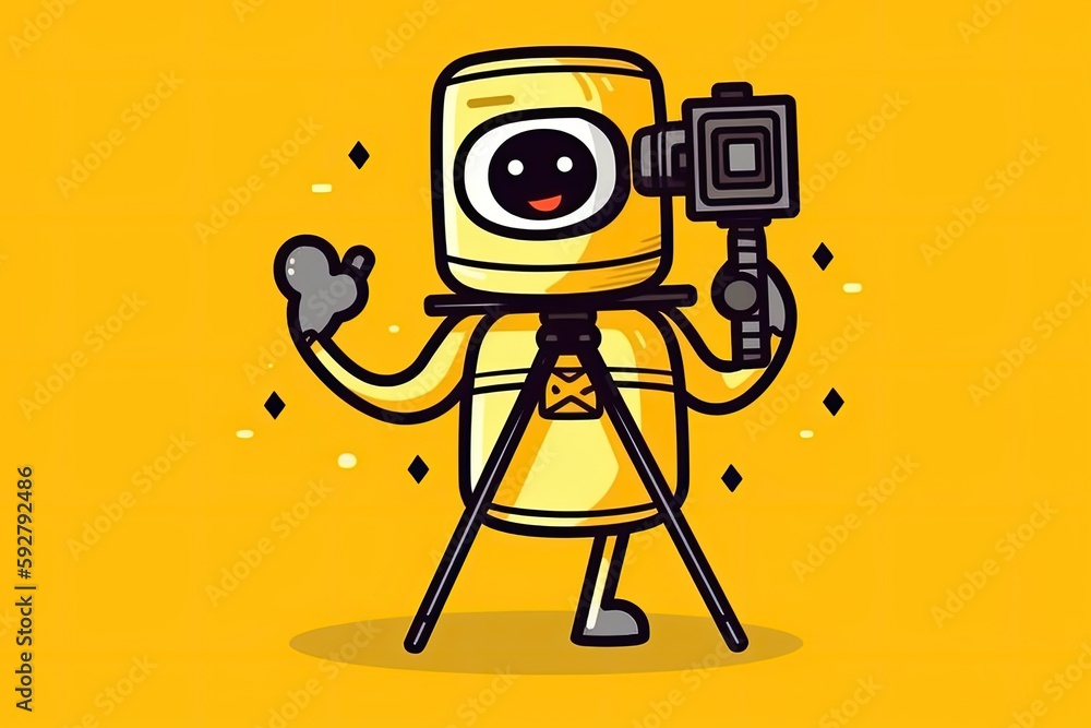 Poster cartoon character with a tripod camera. generative ai