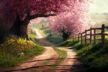 Artistic impression of a springtime journey. A winding road in nature with blossoms and new life.