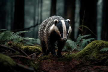 Wild Badger in the green forest, rainy day