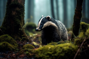Wild Badger in the green forest, rainy day
