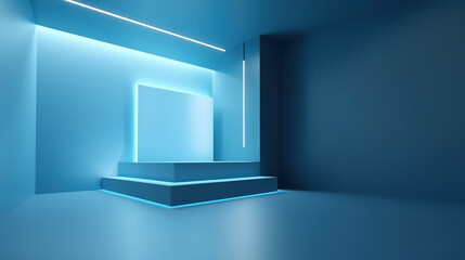 Fototapeta na wymiar Mock up for your design project, 3D illustration. Abstract blue room interior with blue neon lights. Futuristic architecture background. Generative AI