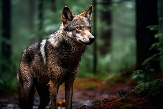 Wild Wolf in the green forest, rainy day.