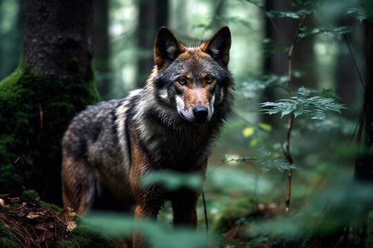 Wild Wolf in the green forest, rainy day.