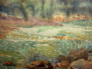 Watercolors on paper. Painting by Sergio Kovalov. River in mountains, Ukraine.