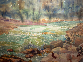 Watercolors on paper. Painting by Sergio Kovalov. River in mountains, Ukraine.