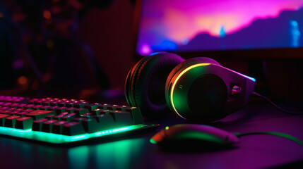 Naklejka na ściany i meble gamer devices for playing game by joystick with computer headphone and mouse on neon glow, gaming Generative AI