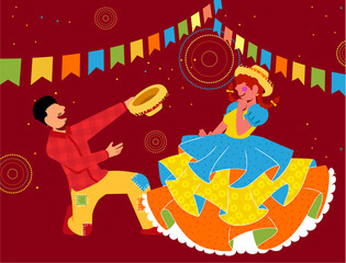 Festa Junina - Casal Caipira - Casal de vestidos com roupas típicas de caipira dançando na quadrilha - cortejo