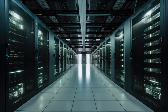 Storage Data Center With Rows Of Shelving And Tall Racks For Storing The Vast Amounts Of Data, Created With Generative Ai