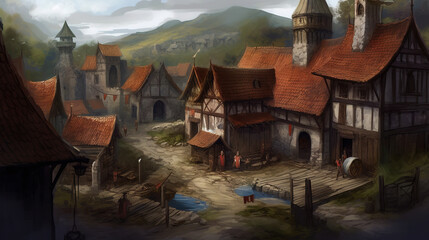 An illustration of a small medieval fantasy village. Medieval Fantasy. Generative AI