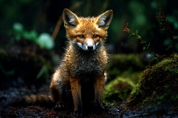 Fototapeta premium Wild Fox in the green forest, rainy day.