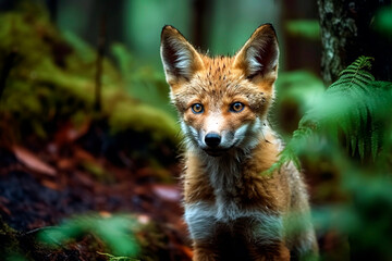 Fototapeta premium Wild Fox in the green forest, rainy day.