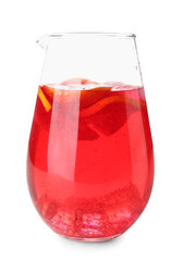 Jug of tasty blood orange lemonade isolated on white background