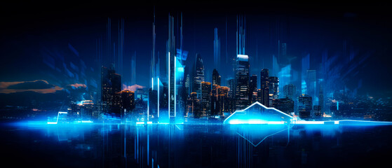 Illustration of a futuristic AI powered cityscape. Neon blue skyline showing beautiful architecture and skyscrapers. Wallpaper background design (generative AI)