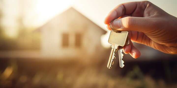 Hand holding house keys and location pin real estate created with Generative AI technology